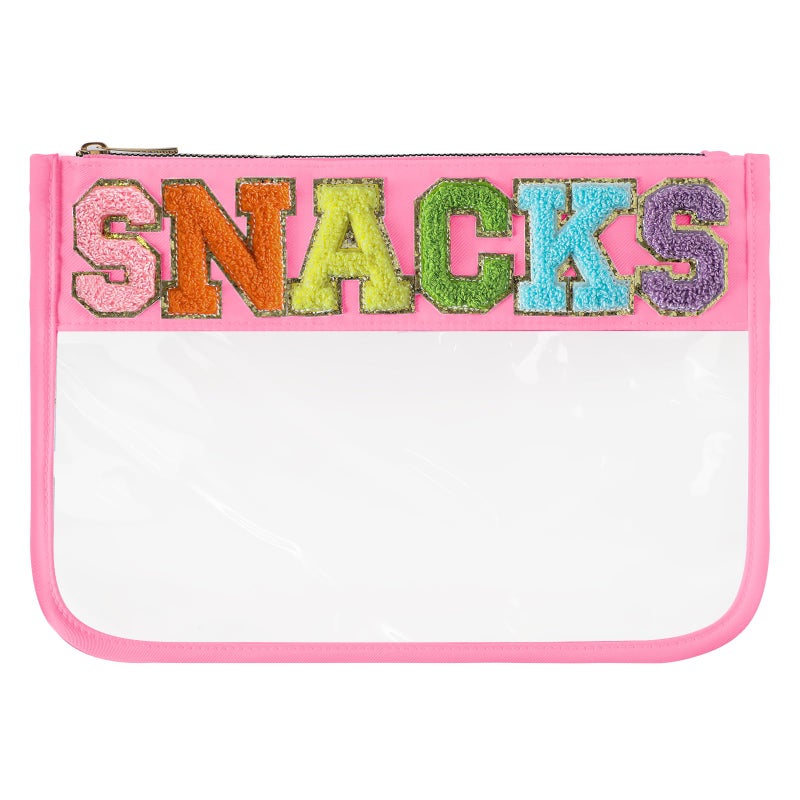 DYSHAYEN Chenille Letter Clear Snack Bag for Travel Nylon Clear Cosmetic Bag Makeup Travel Bag for Women (Pink-Snacks) - Image 1